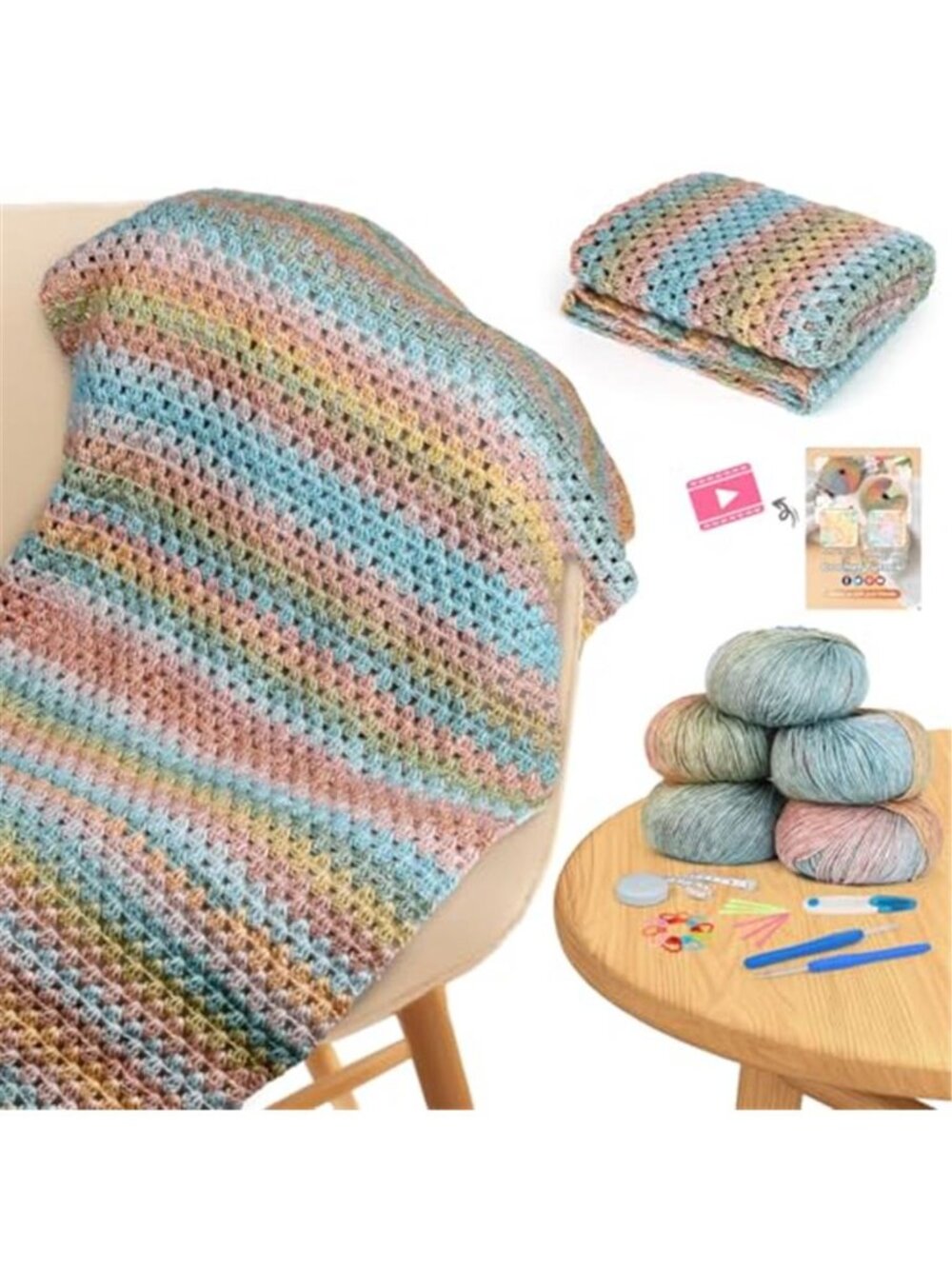 Beginner Crochet Kit Blanket Making Set Gradient Yarn DIY Knitting Craft Supply